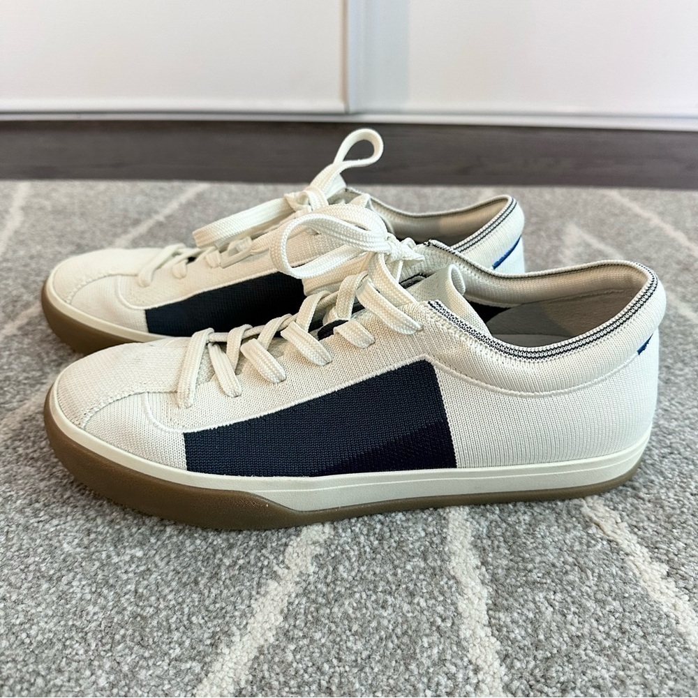 Rothy’s White and Navy Blue Lace Up Sneakers